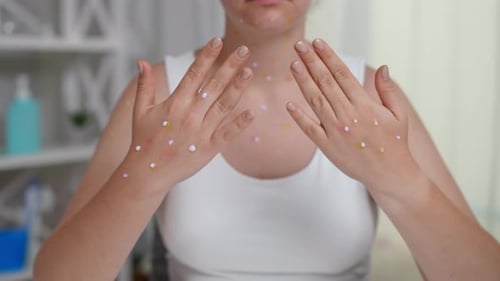 Woman applies cream spots to face and hands