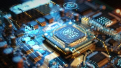 Artificial Intelligence Processing Data on a Microchip Circuit Board