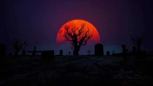 Spooky Graveyard at Night with Blood Moon, Twisted Tree, and Tombstones