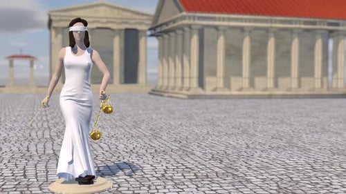 Justice goddess rises on pedestal, Themis, Femida with scales and a sword in his hands.