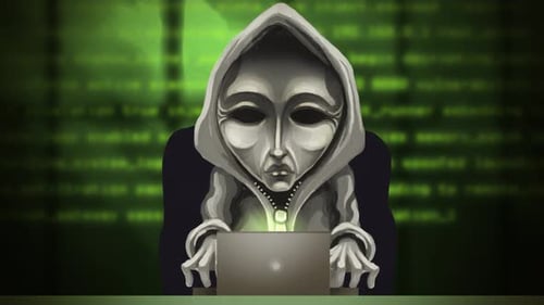 Anonymous Hacker Typing on Laptop with Scrolling Digital Code