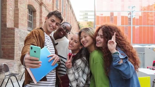 Group of Friends Taking Selfie Outside School