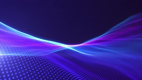 Purple and blue gradient particle waves flowing with bokeh. Neon futuristic digital waves. Big data