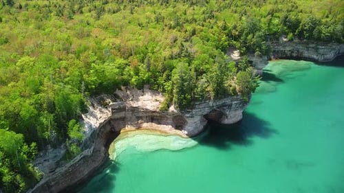 Beautiful Sandstone Rock Cliffs in Summer, Drone Descent, Pictured Rocks National Lakeshore