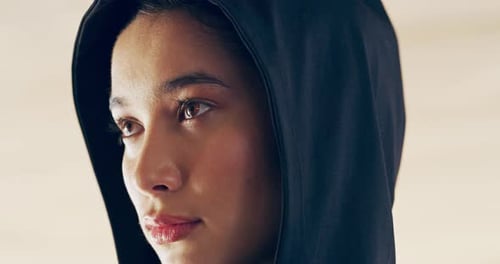 Extreme Close Up of Woman Wearing Hooded Sweatshirt