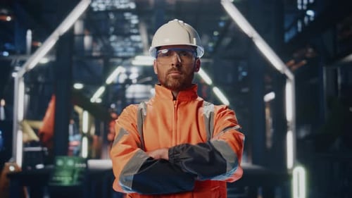 Proud Manufacture Employee Looking Camera Smiling Close Up Portrait Engineer