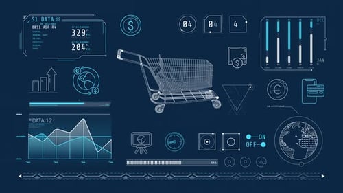 Futuristic HUD Elements with Animated Wireframe Shopping Cart
