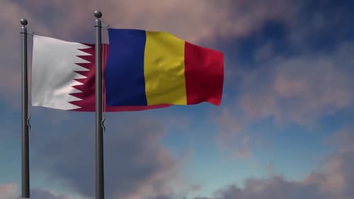 Waving Flags of Qatar and Romania Against a Cloudy Sky