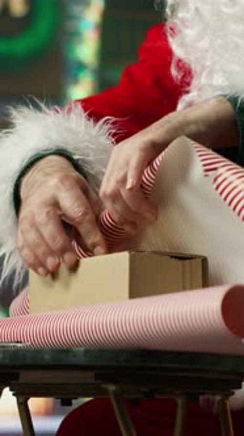 Santa Wrapping Christmas Gift with Red Striped Paper