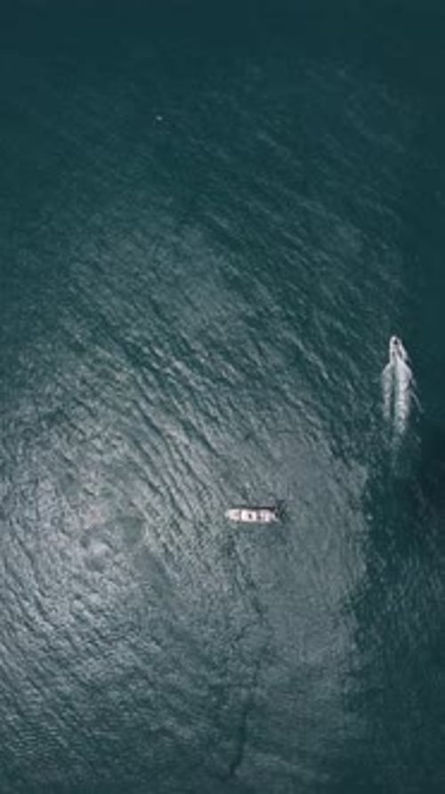 Aerial Yacht on Calm Sea Luxury Cruise Trip View From Above of White Boat on Deep Blue Water Aerial