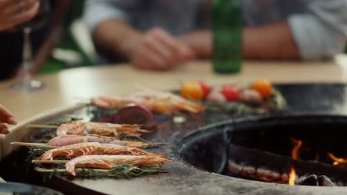Delicious Shrimps Cooking On Grill With Fire