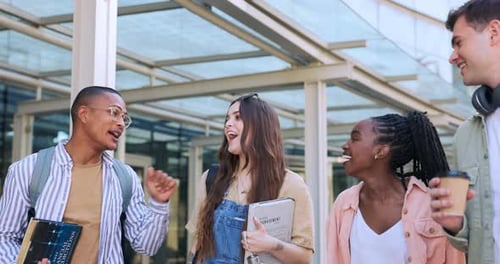 Students walking, happy people and talking about university news, gen z college gossip