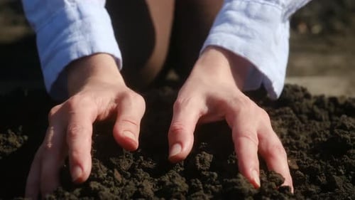 A Person Takes the Freshly Plowed Land in His Hands Kneeling