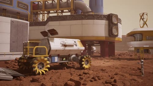 Rover sale de una futurista nave espacial de carga de ciencia ficción cerca del asentamiento de la base de Marte
