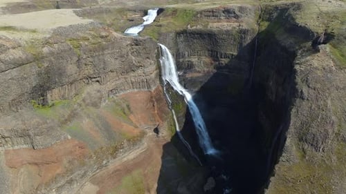 Aerial view of Haifoss waterfall, Iceland.