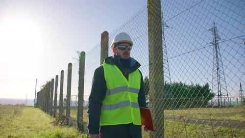 Employee walking round electrical installation checking secure fence
