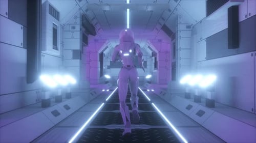 Astronaut Running Through Neon Sci-Fi Corridor Loop