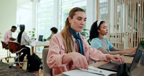 Woman, laptop and student with notes on college assignment, module research and studying online