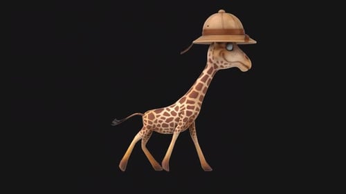 3D Cartoon Giraffe Character Walking with Safari Hat Animation