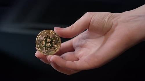 Woman Hand Holding Gold Bitcoin Coin. Bitcoin Business Concept. Close Up Of