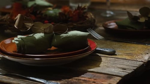 Fall rustic table setting close up, thanksgiving dinner