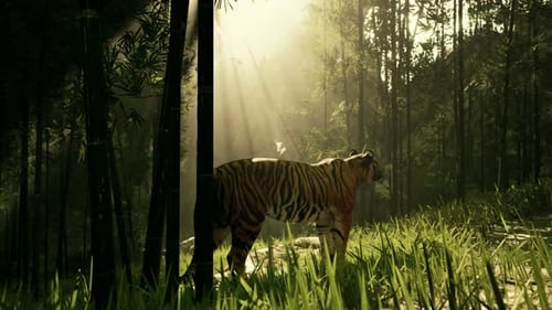 Realistic Wild Tiger Stands in Sunlit Bamboo Forest