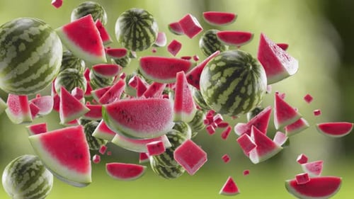 Burst of Watermelon and Watermelon Slices in Garden Green Nature Background
