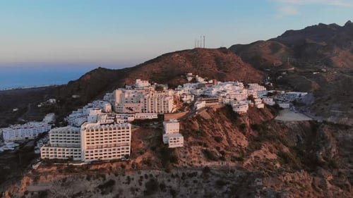 The white village Mojácar during sunset. Aerial shot.