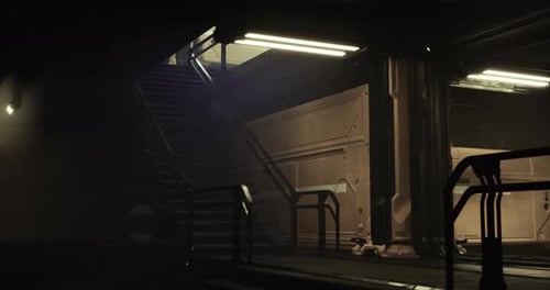 Dark Futuristic Sci-Fi Interior Stairs Camera Fly-Through
