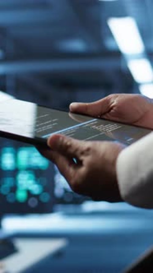 Vertical Video Close Up of Tablet Used By IT Worker Doing Maintenance on Server Farm Gear