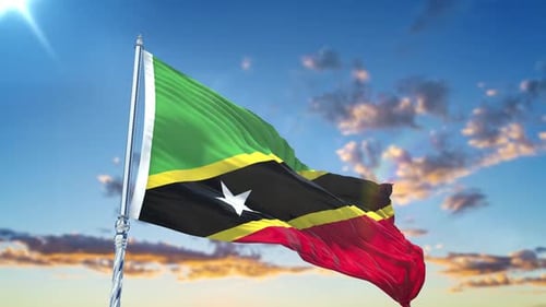 St. Kitts and Nevis Flag Waving in Realistic Sky Background