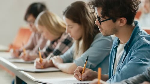 Row of Multi Ethnic Students in the Classroom Taking Exam/ Test/ Writing in Notebooks. Bright Young