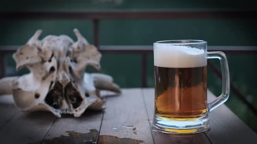 Vaso con cerveza y calavera sobre fondo. Jarra de cerveza sin filtrar. Daños causados por el alcohol.