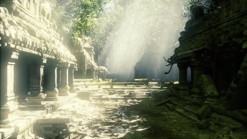 Serene Old Temple with Sunlight Streaming and Lush Surroundings