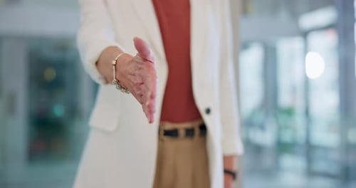 Business woman, handshake and office for deal, b2b or agreement in hiring, meeting or greeting