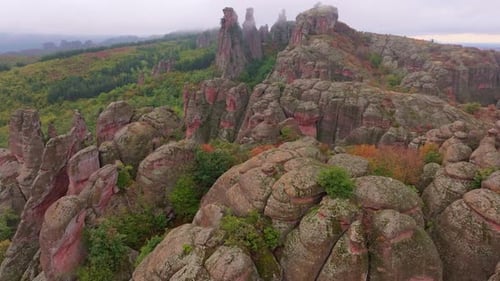 Aerial view of autumn rocks and forest landscape, Bulgaria.