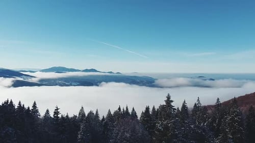 A drone flies over a mountain forest on a sunny day in winter. Clouds move through the valleys,