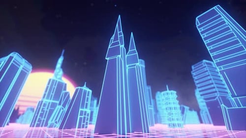 Paysage urbain futuriste au néon avec des gratte-ciel abstraits et un fond de soleil synthétique