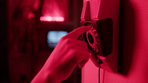Retro Vintage Phone Red Rotary Telephone is Displayed on a Wooden Desk Adding a Nostalgic Touch
