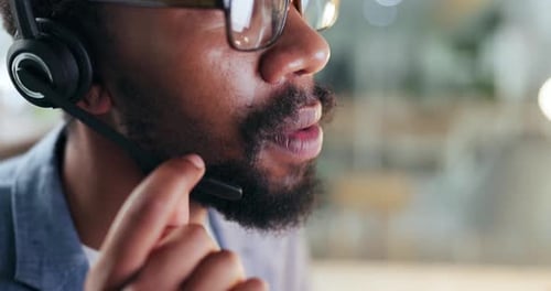 Mouth of man, telemarketing and communication of customer service, advisory help