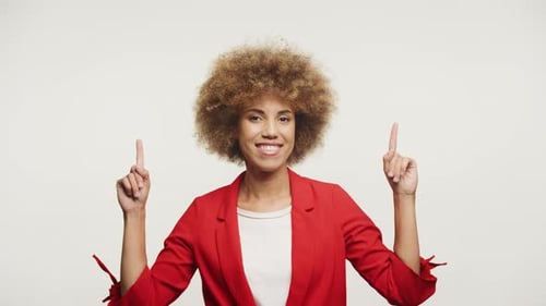 Woman Pointing Up Two Hands At Copy Space on White