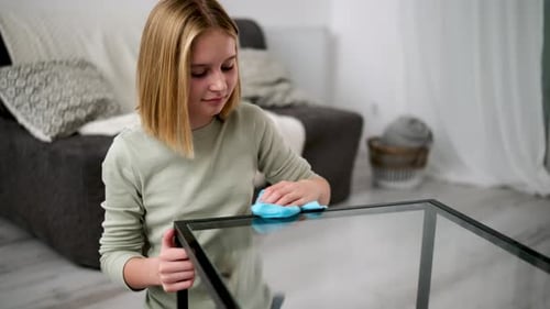 Cute Little Girl Wiping A Glass Table With A Cloth