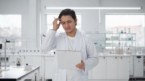 Thoughtful Adult Holding Clipboard in Laboratory