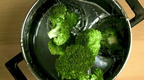Broccoli Falls Into the Pan Filmed is Slow Motion 1000 Fps