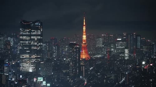 Tokyo Tower And Cityscape At Night - real time, wide shot