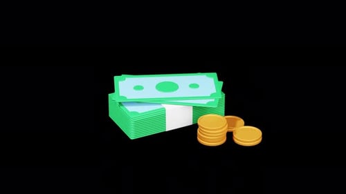 Golden coin, dollar bills animation. 3d render. Bank service, investment, money income