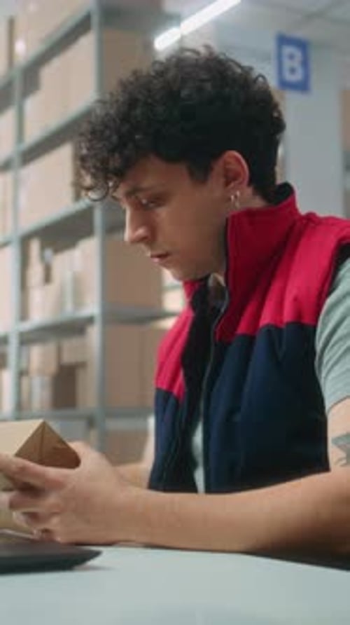 Parcel Processing Specialist Scans Package Prepares for Shipping to Customer Works on Laptop