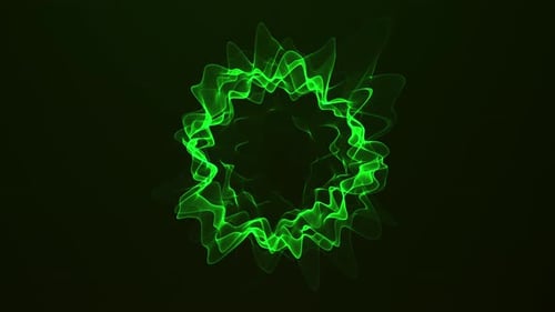 Grüner Neonenergiering mit abstrakter Partikelwelle und kreisförmiger Bewegung auf dunklem futuristischem Hintergrund