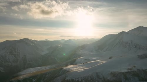 Aerial view of Majestic landscape of the Caucasus mountains at sunset.