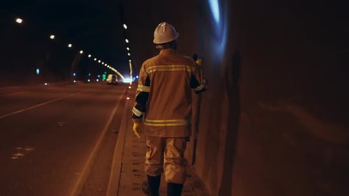 Arbeiter mit weißem Schutzhelm inspiziert den unterirdischen Tunnel und überprüft die Wände